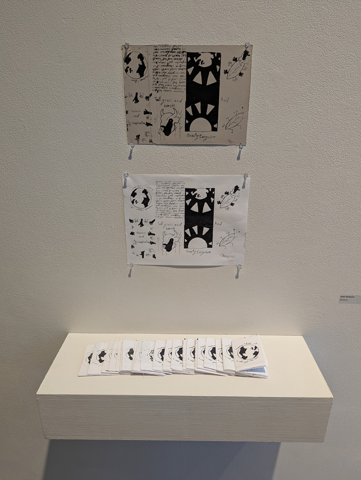 printed zines pinned to wall and handout versions on wall pedestal