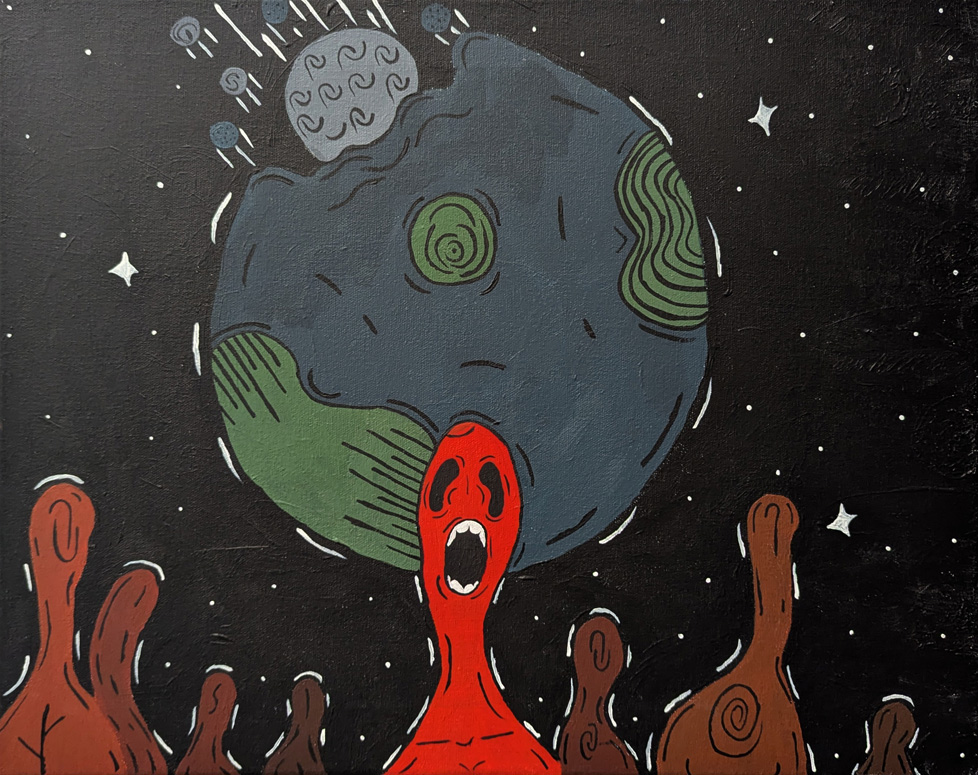 painting of red alien screaming in space as planet in sky erupts smaller spheres