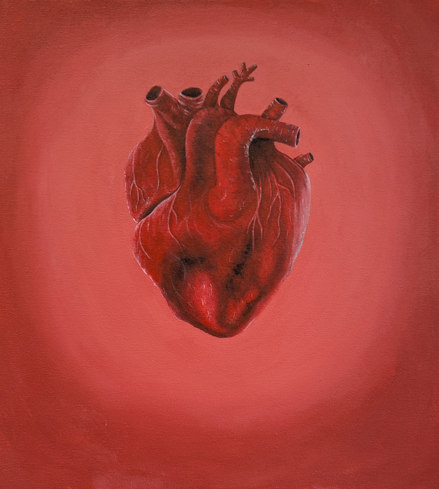 realistic painting of heart on red background