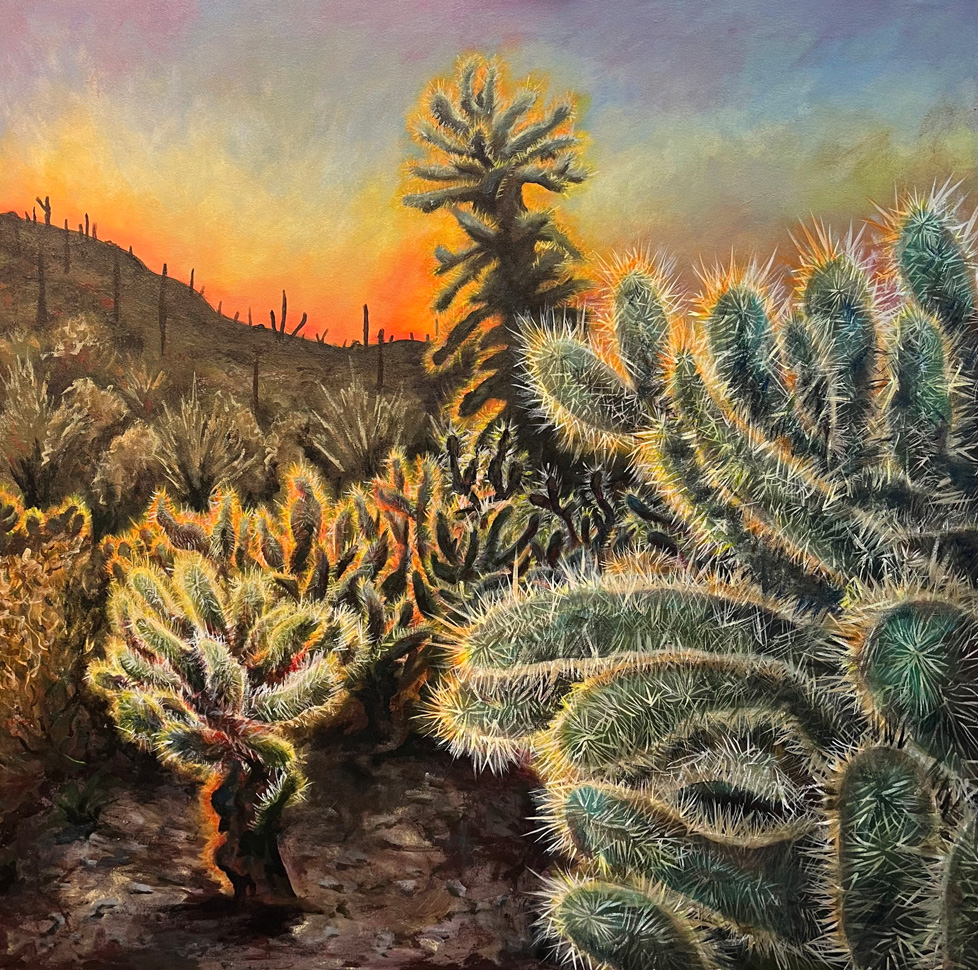 cacti in glowing sunset silhouette
