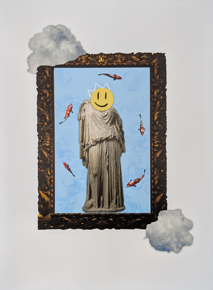 digital image of statue with smiley face and fish in frame with clouds on 2 corners
