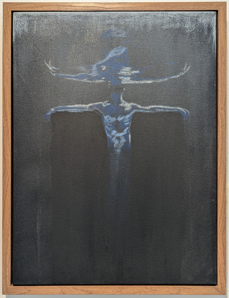 painting of male torso underwater, arms outstretched in darkness