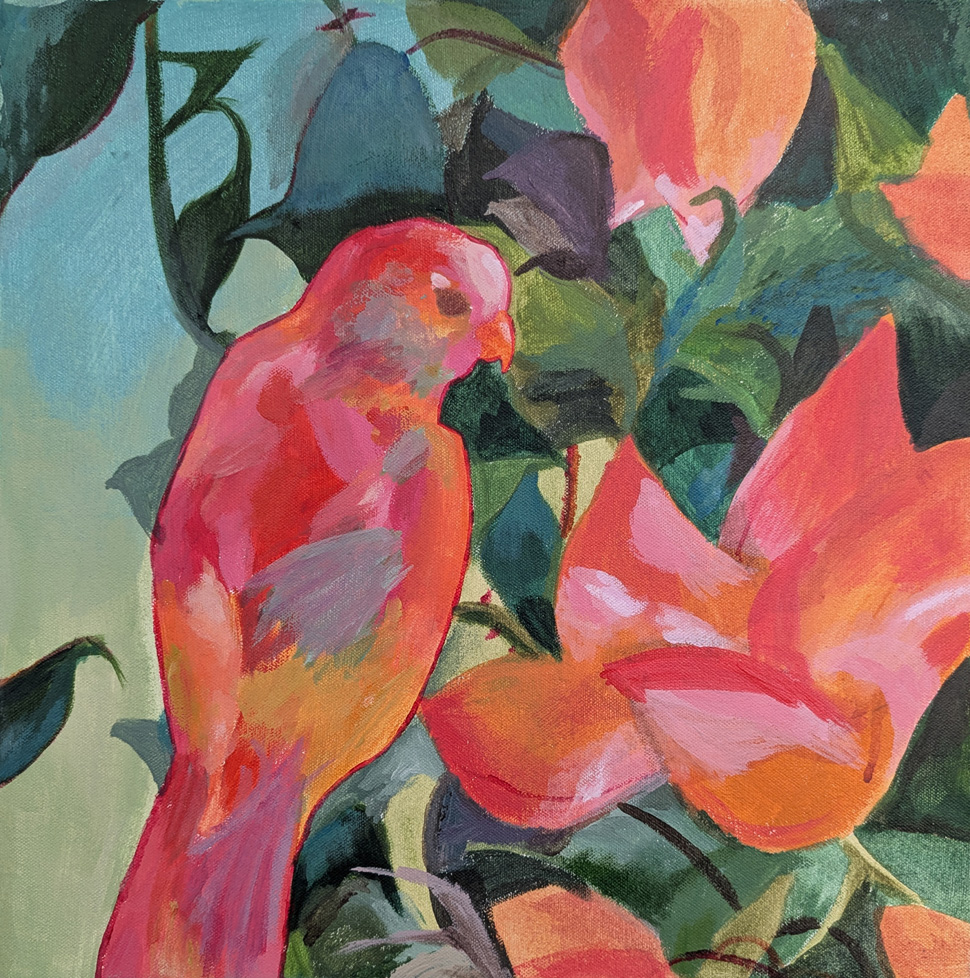 painting of pink bird in foliage