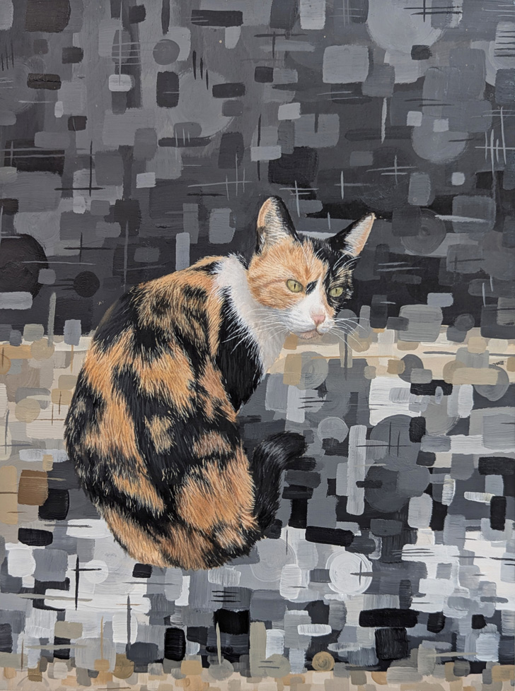 realistic painting of cat on pixelated ground
