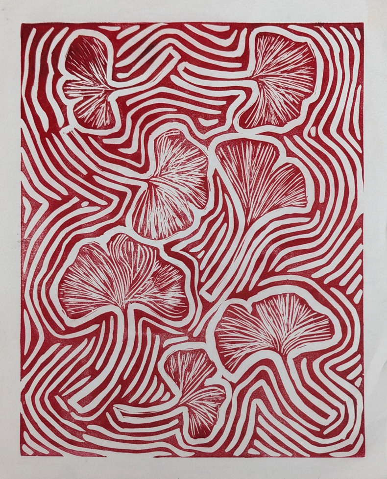 red print of outlined leaves