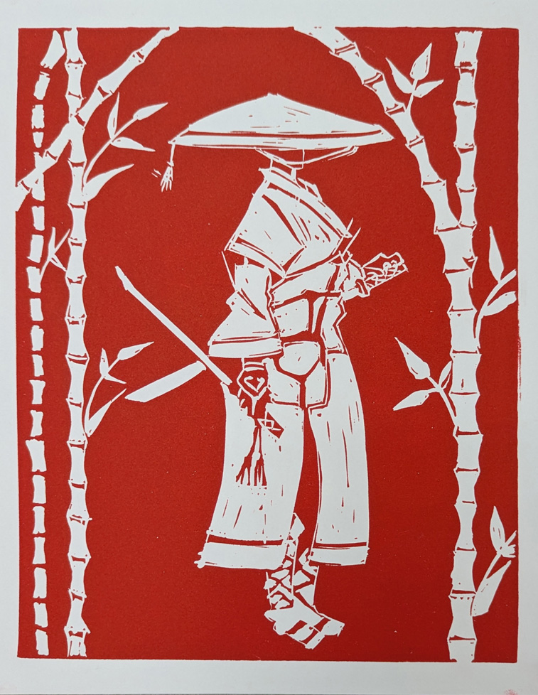 red print of samurai