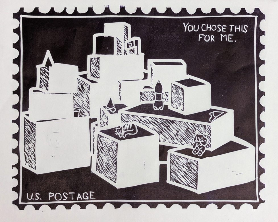 print of boxes on stamp