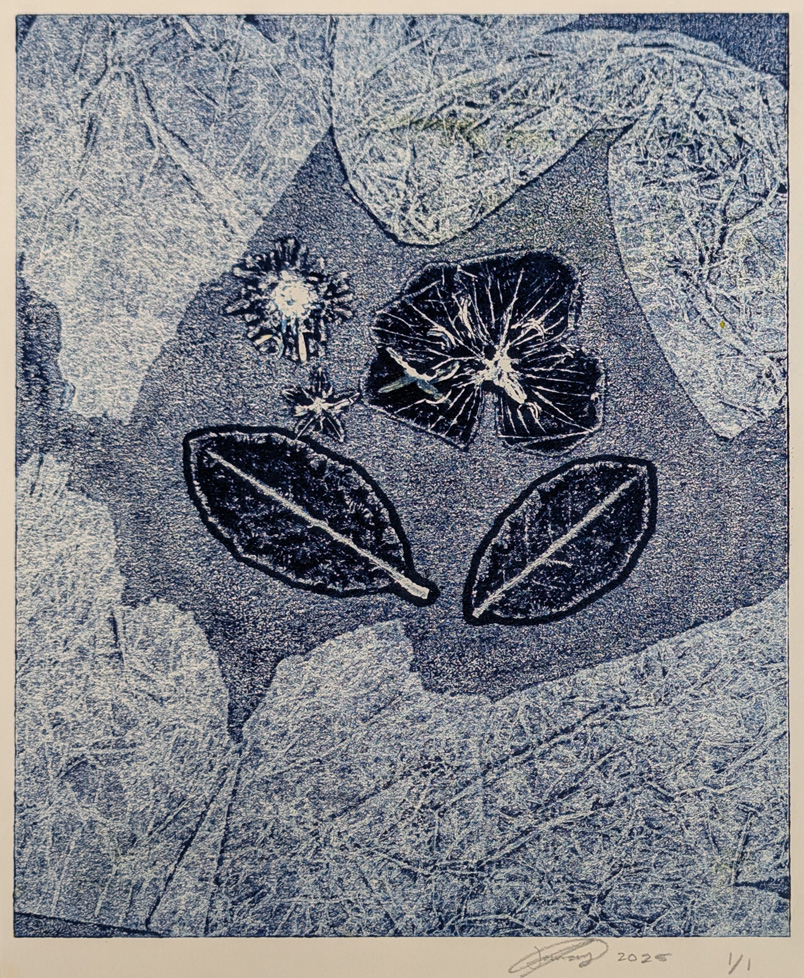 print of pressed leaves, blue