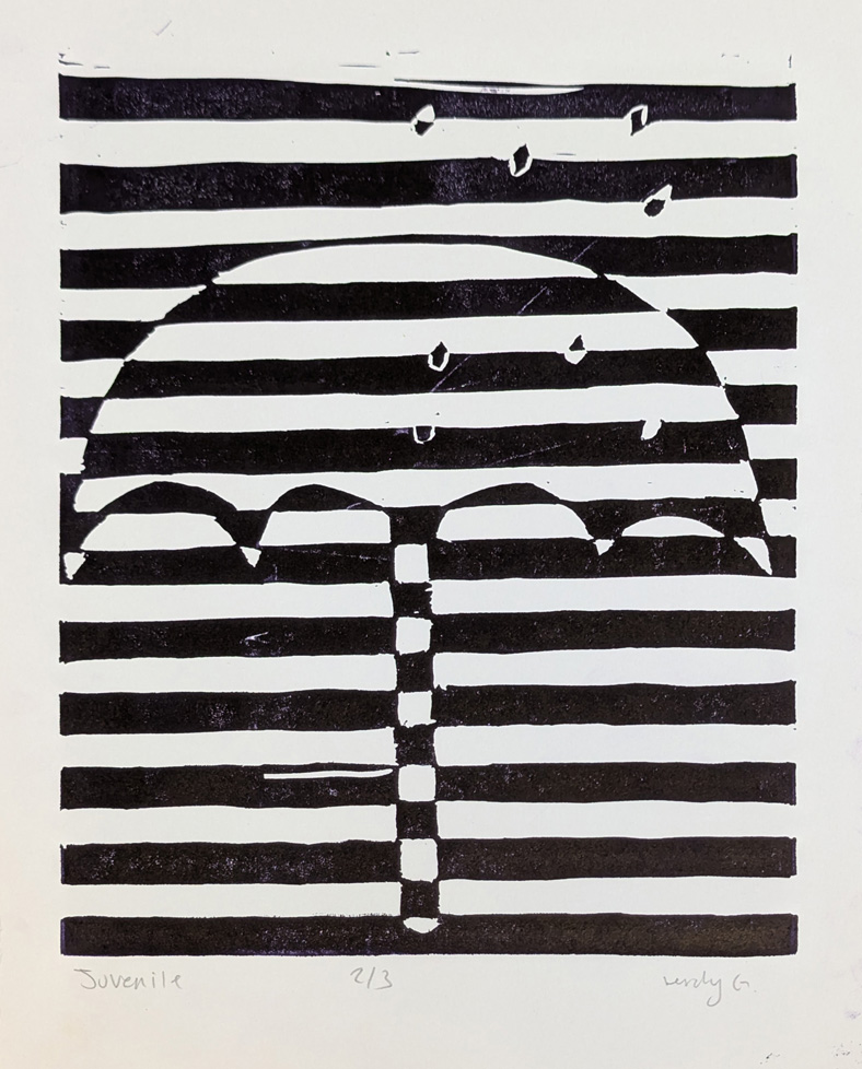 umbrella with raindrops, black and white stripes