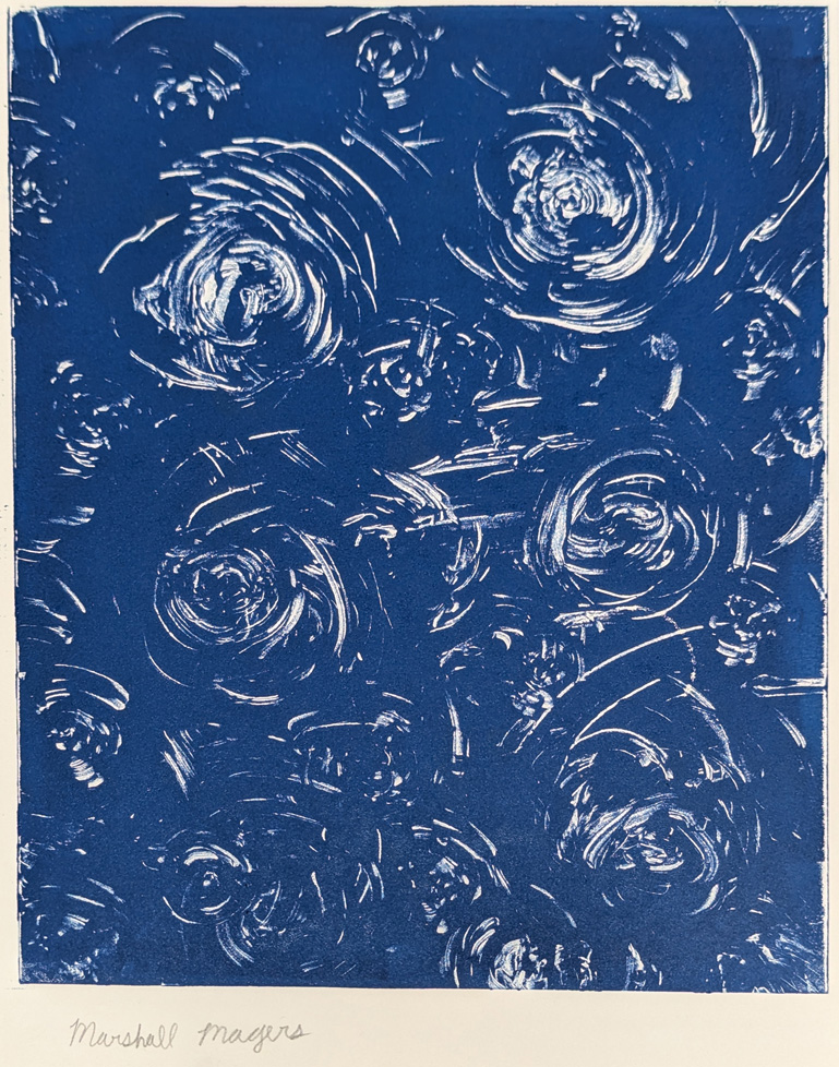 swirls of white on a blue ground