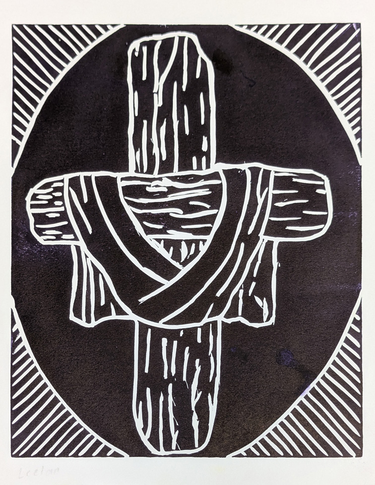 print of cross with draped cloth, black ink