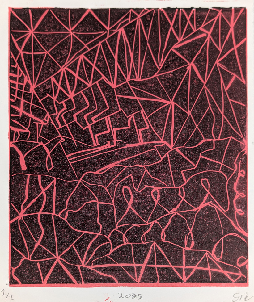 print, abstract, pink lines on black