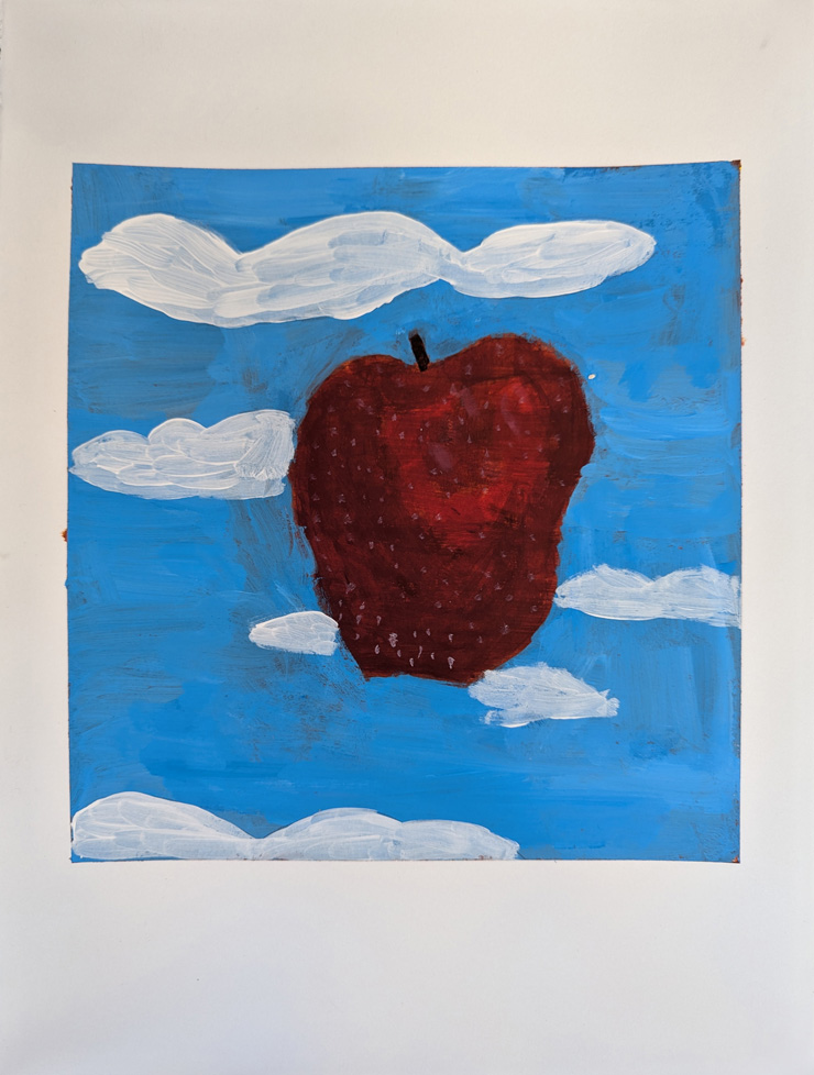 painting of a red apple floating in clouds
