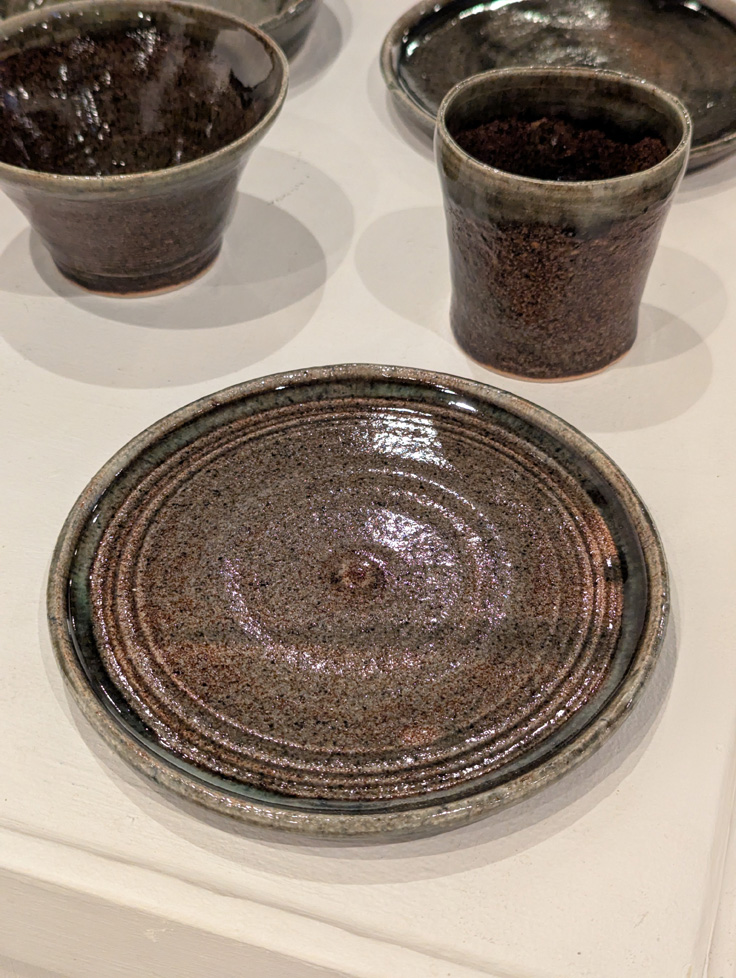 even closer view of plate, cup, and bowl
