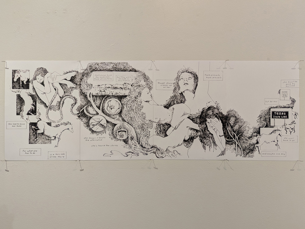 ink drawing, illustration in several pages of the story of a woman fleeing Texas for a medical procedure