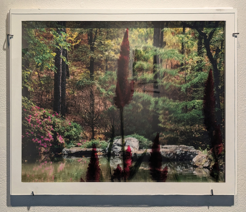 digital landscape photo with layers of printed transpencies stacked in a foamboard frame to create a double-exposure-like image