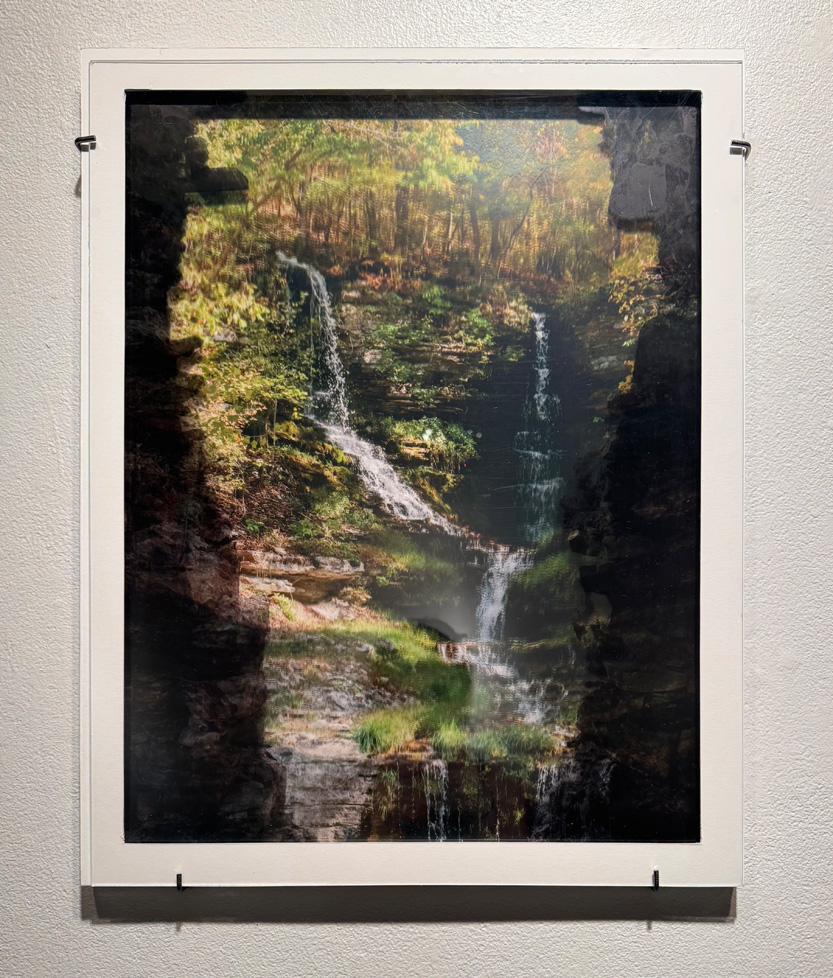 digital landscape photo with layers of printed transpencies stacked in a foamboard frame to create a double-exposure-like image