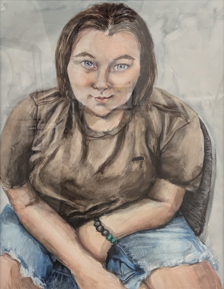 watercolor of seated female looking up
