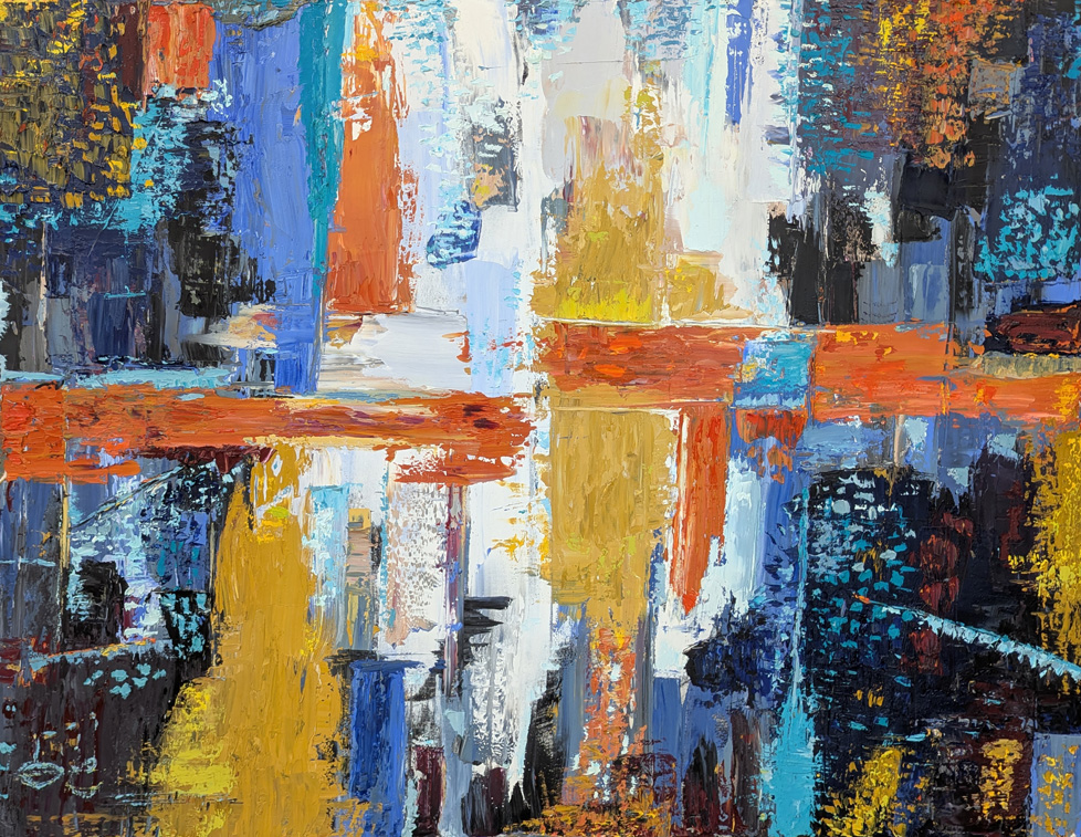 painting: abstract smears of color (blue, yellow, orange)