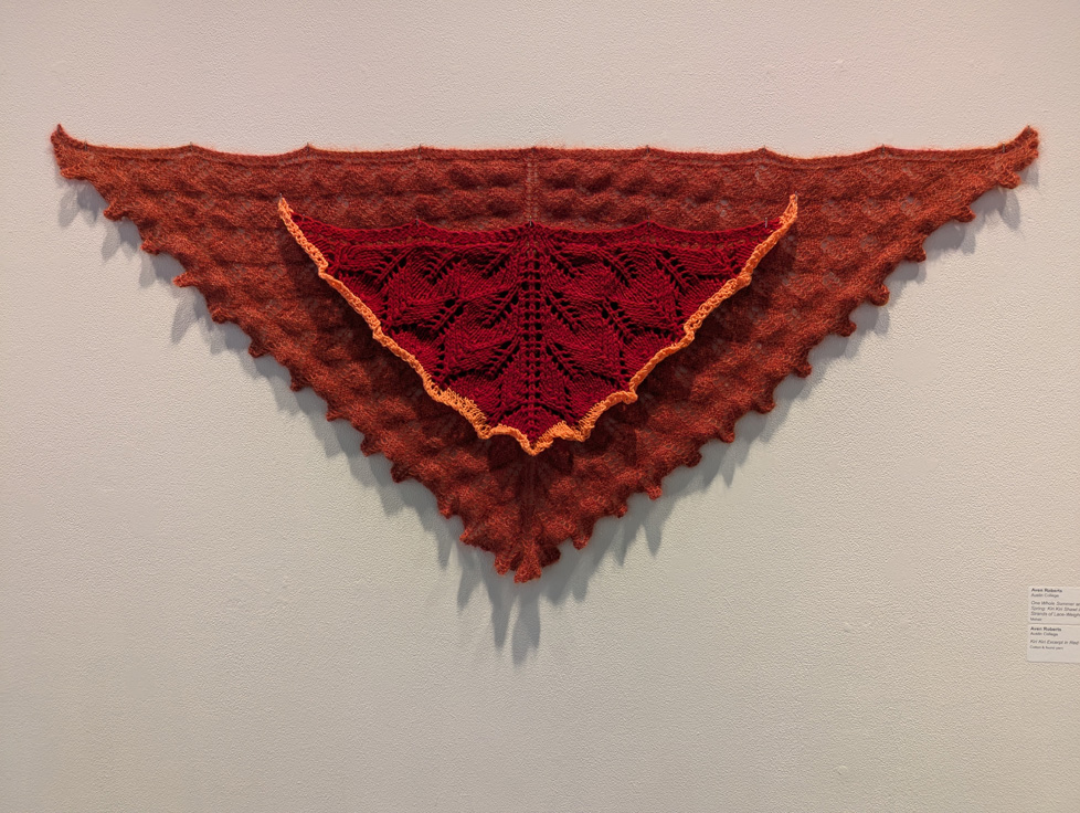 2 crocheted triangular scarves pinned to the wall, one on top of the other