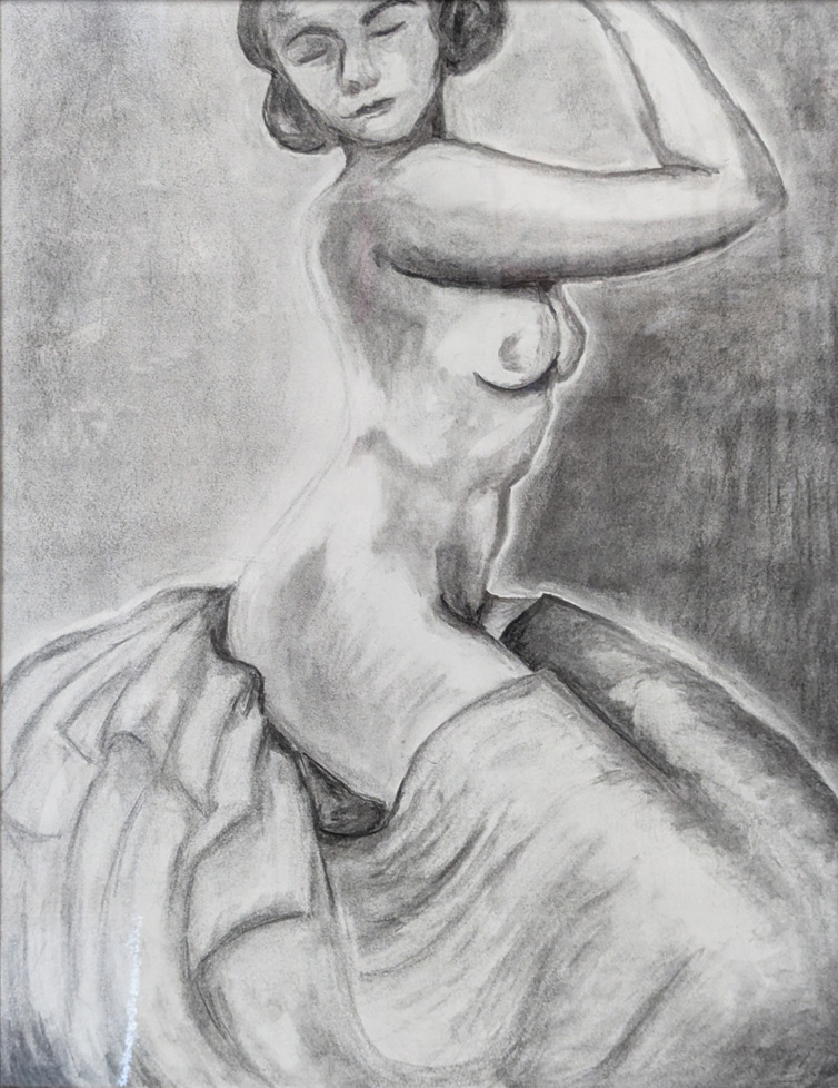 black and white drawing of nude woman
