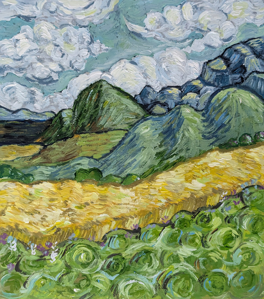 impressionistic painting of mountains and clouds
