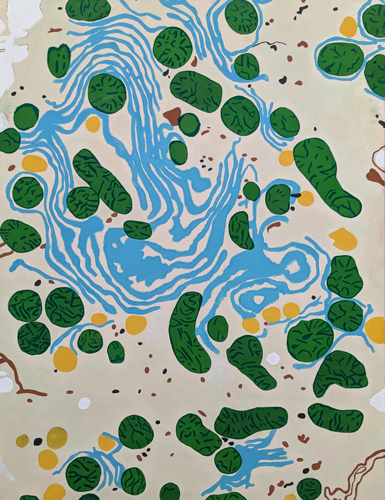 painting of scientific looking objects, like microbes on a slide