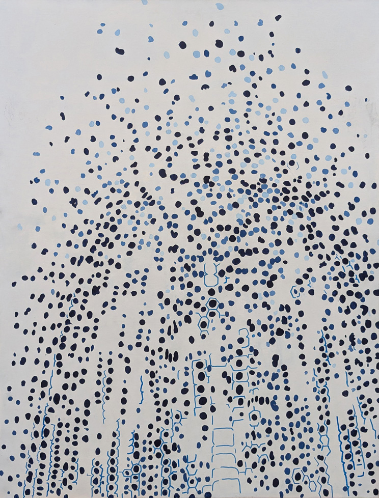 painting of dots and blue lines evoking chemistry