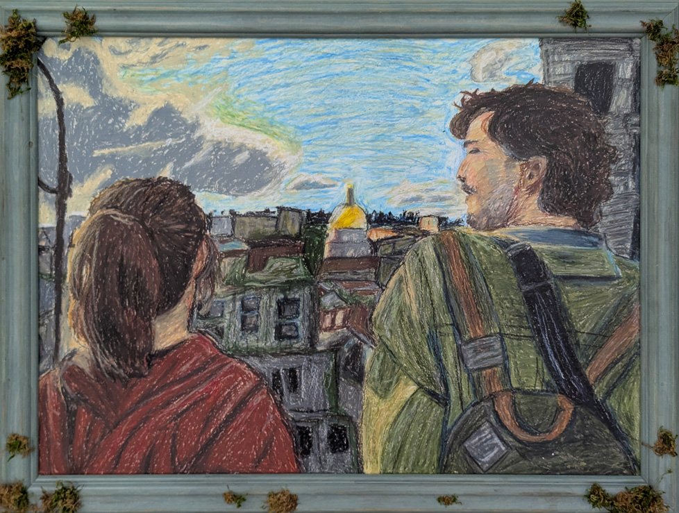 pastel drawing of couple looking at architecture of city with gold dome in the distance