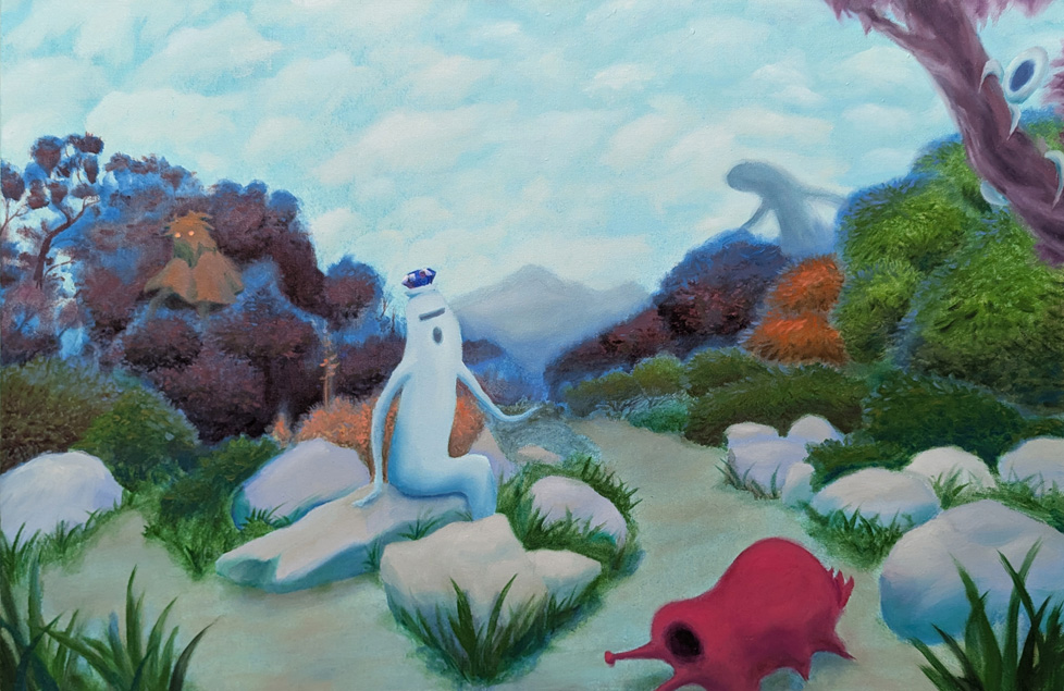 fantastical landscape with ghost-like figures in pastel colors