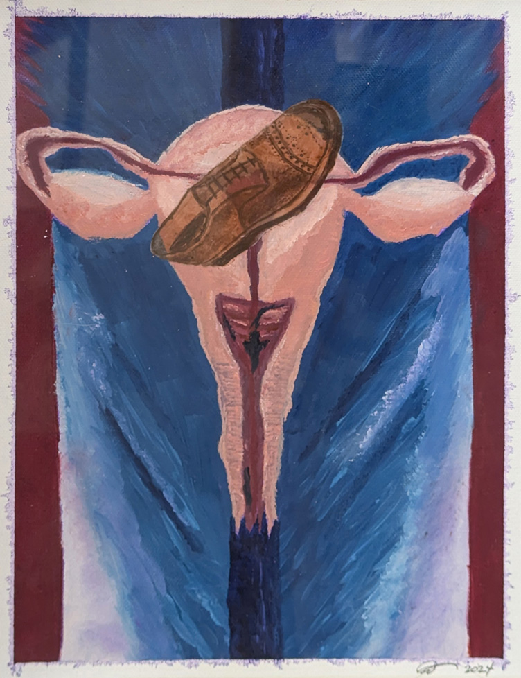 painting of uterus with men's shoe on top of it