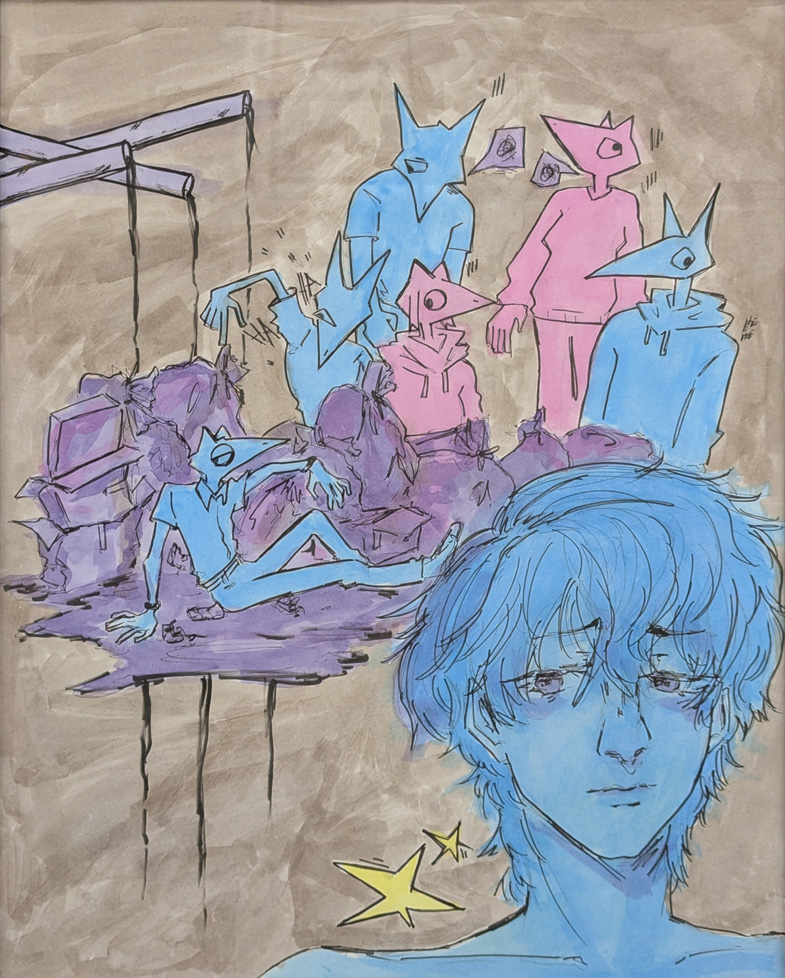 comic-like drawing/painting of humanoid face and pointy-faced figures in purple, blue, and pink