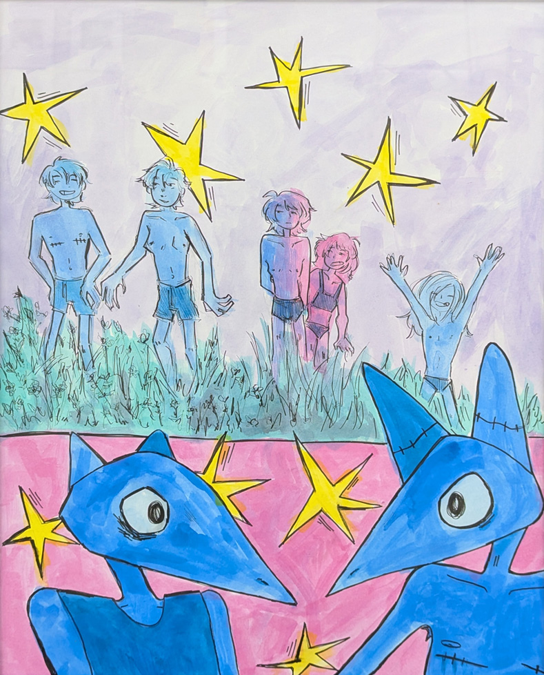 comic-like painting of triangle faced creatures and humans in their underwear outside with yellow stars