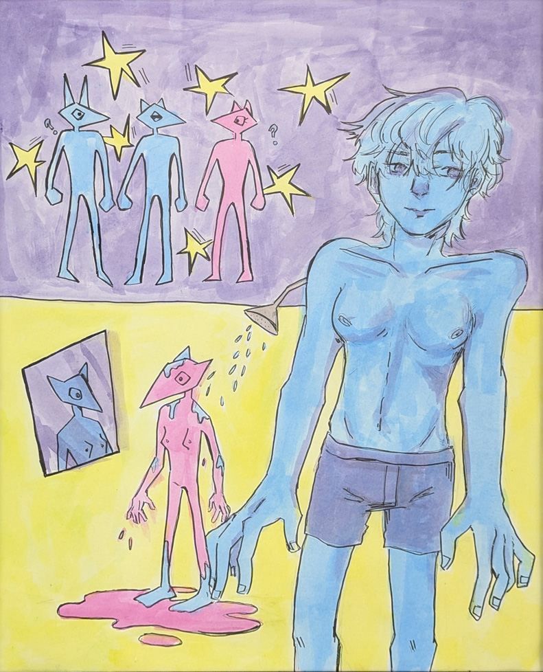 comic-like drawing of boy and pointy-faced figure in shower