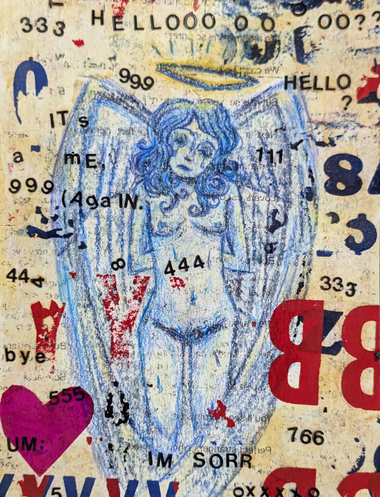 drawing of blue angel with superimposed text and numbers