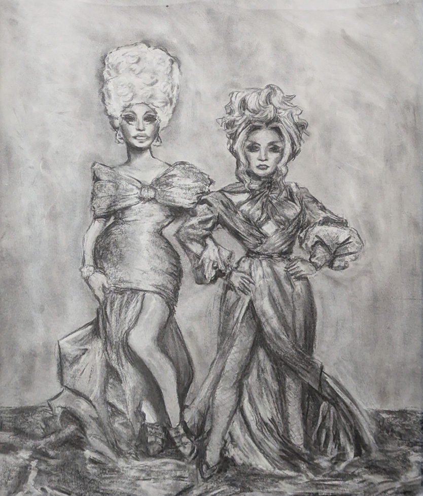 b/w drawing of to drag-queen-looking women