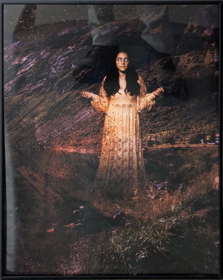 digital image of woman in dress, palms up, whited out eyes