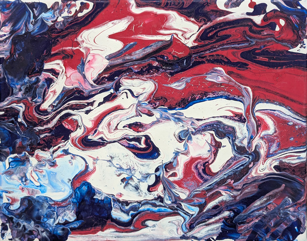 abstract painting of swirling red, white, and blue