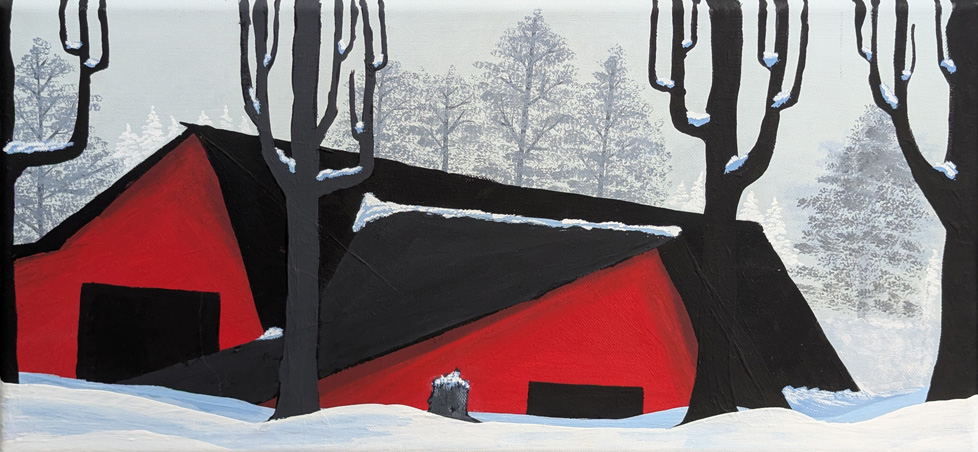painting of red cabin in snow