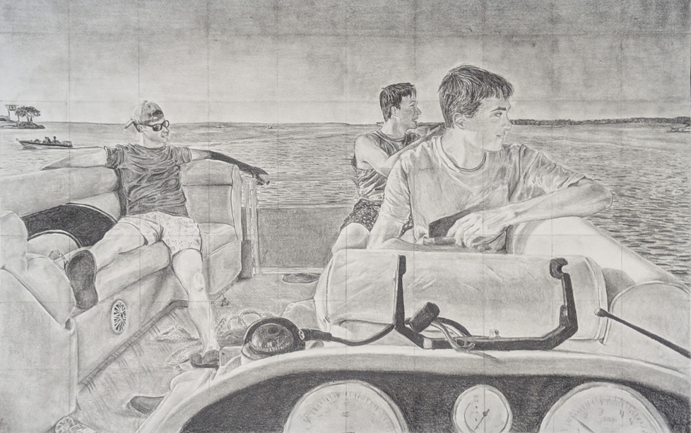 pencil grid drawing of boys on a boat