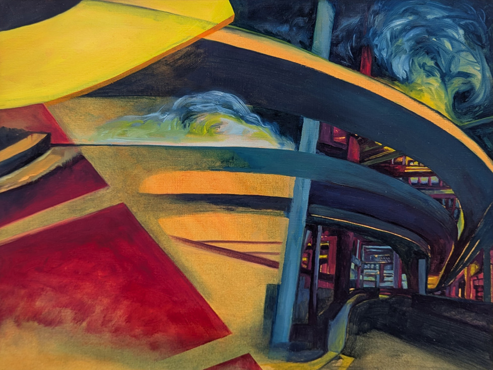 futurism-style painting of cityscape