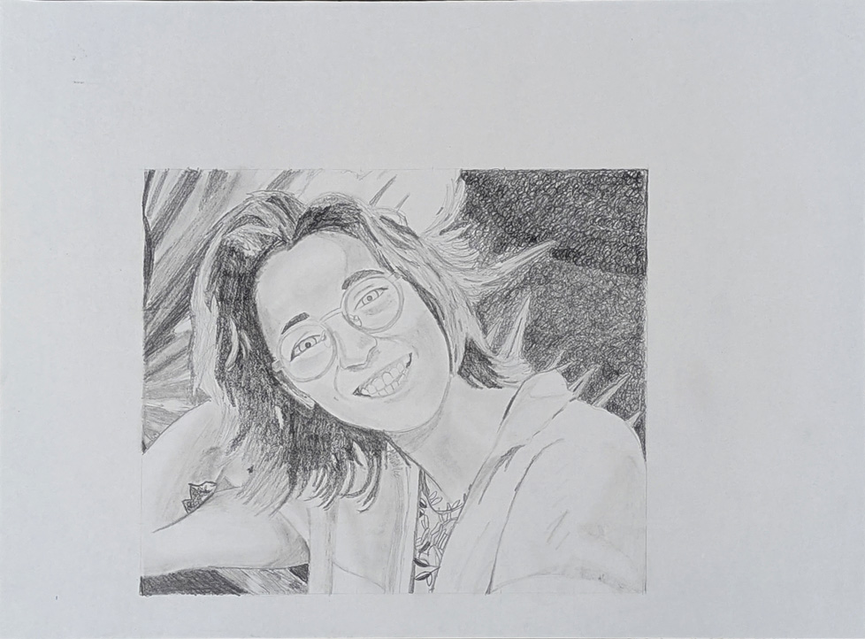 b/w drawing of smiling woman with glasses