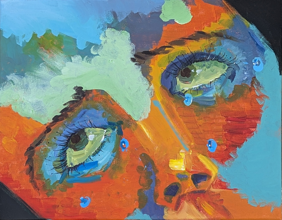 brightly colorized painting of Man Ray photo, close up of woman crying