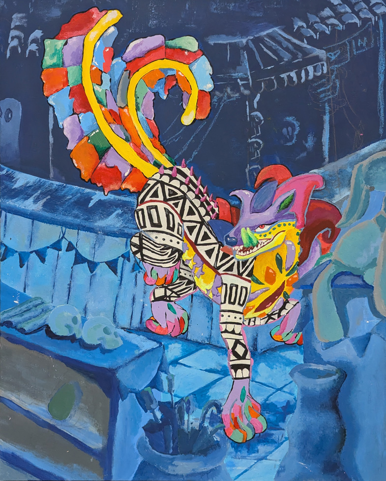 colorful dog-like dragon evoking Asian street parade