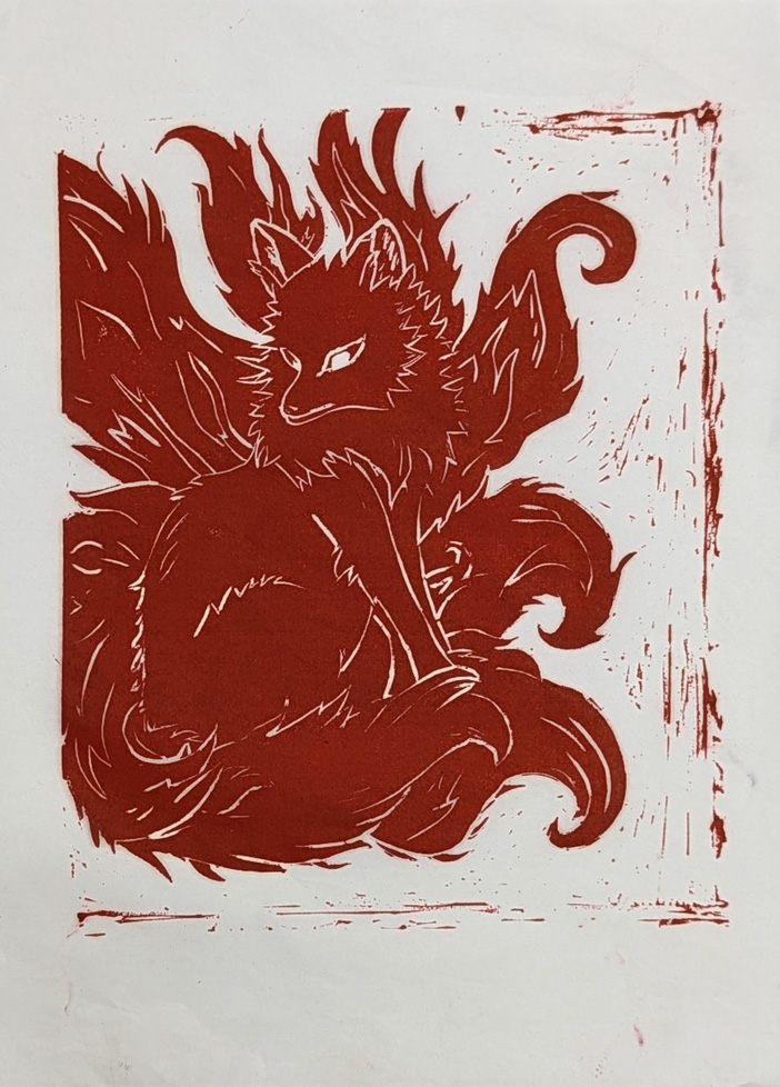 print, red ink, dog or wolf in flames