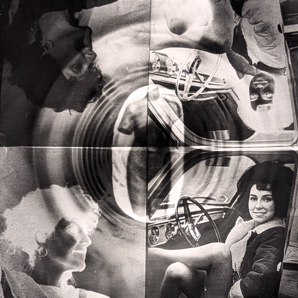 grid of b/w photos: negatives and positives of woman sitting in car