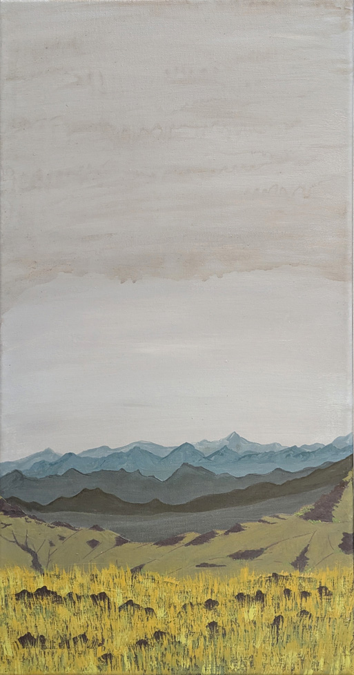 vertical landscape painting of yellow field, blue mountains and gray sky
