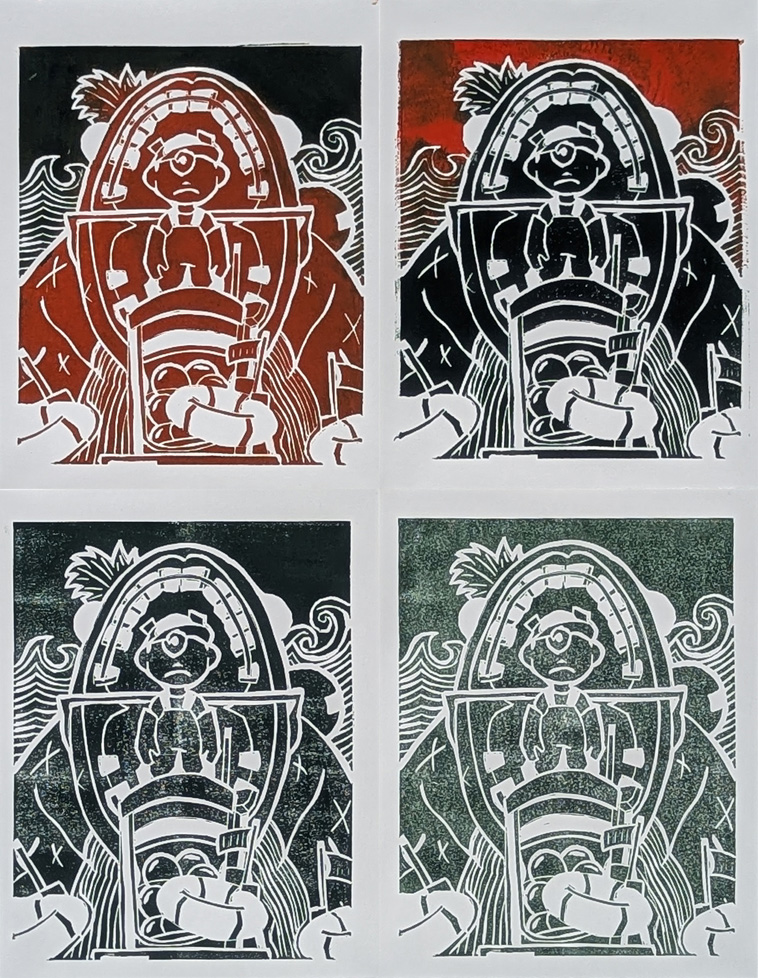 grid of 4 of the same print in different color variations of red black and green: cartoon miner with one eye