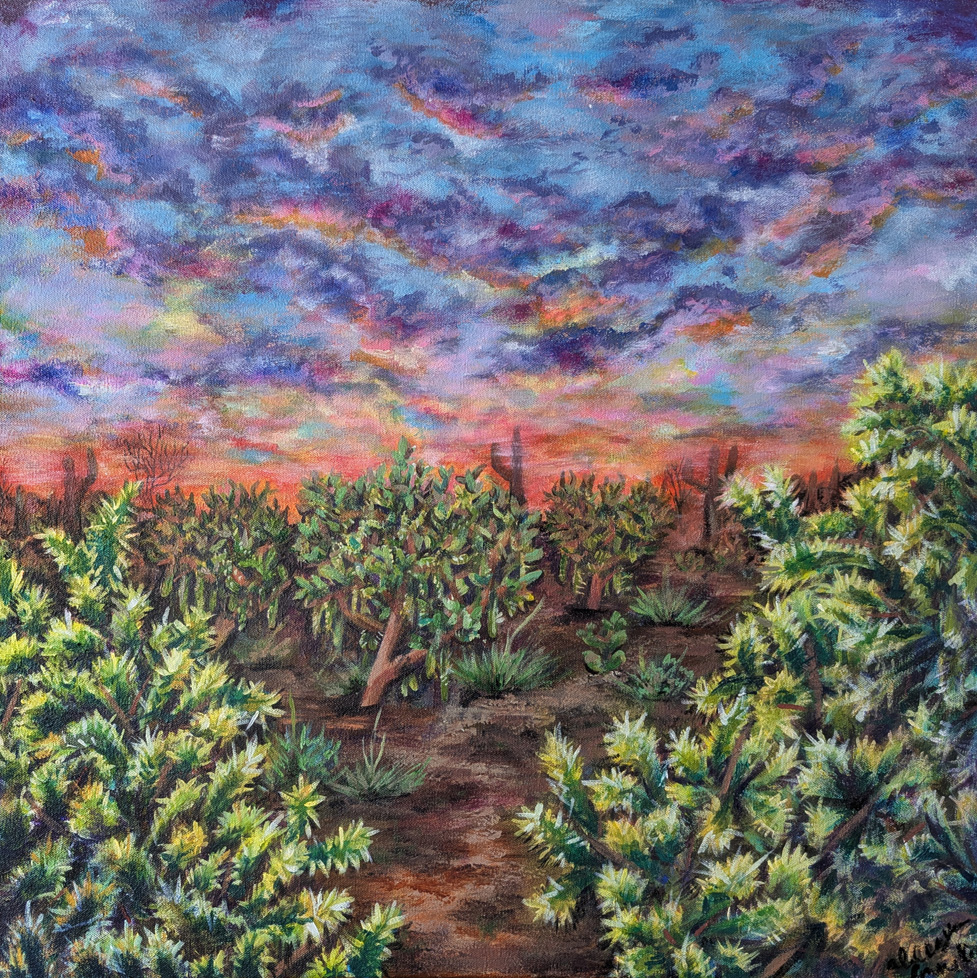 landscape painting of small trees or shrubs at sunset