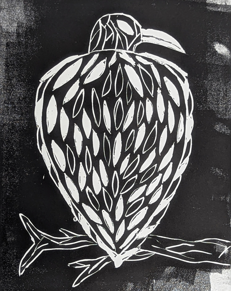 b/w lino print of bird sitting on tree branch